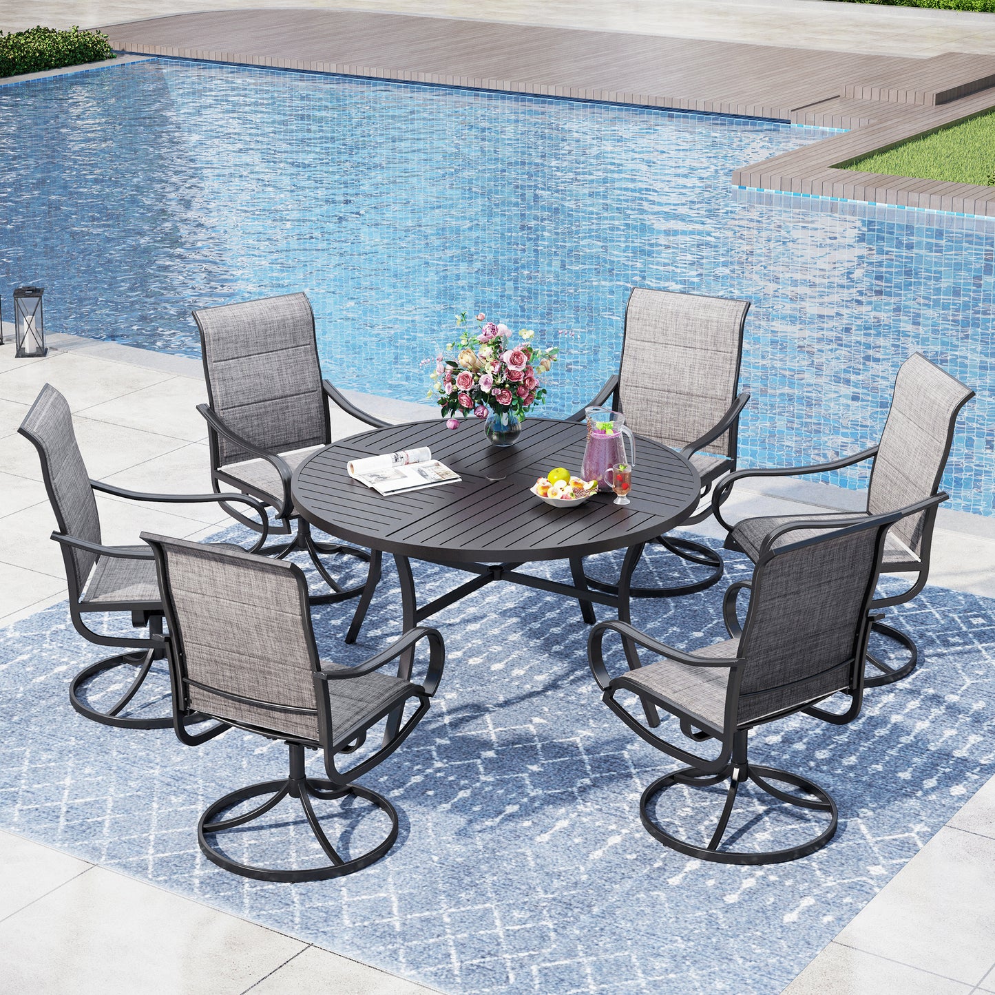Captiva Designs 7pc Outdoor Black Dining Steel Table & Grayish Brown Padded Textilene Swivel Chairs