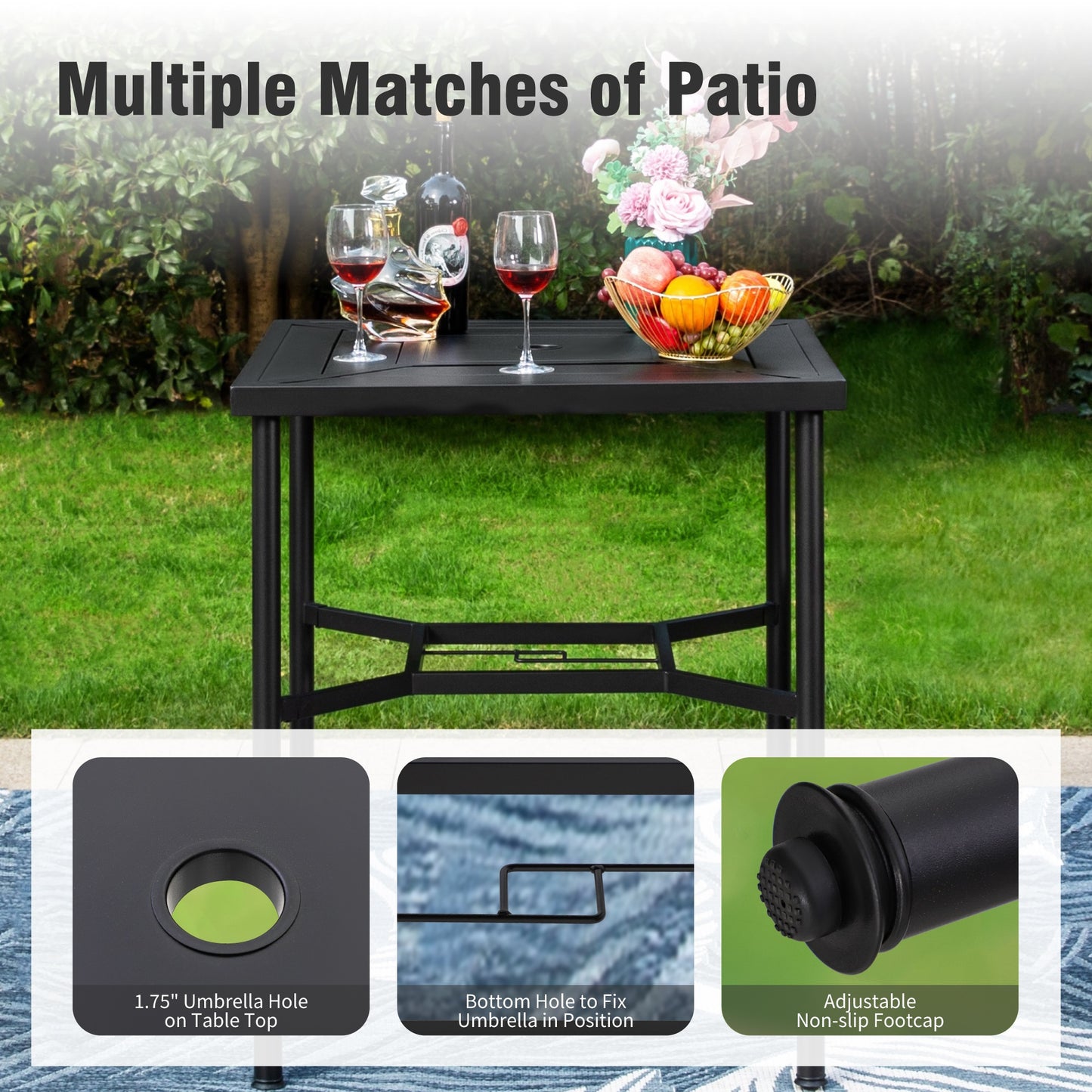 Captiva Designs 3pc Outdoor Patio Metal Bar Height Table & Bar Swivel Chair with Cushion and Armrest