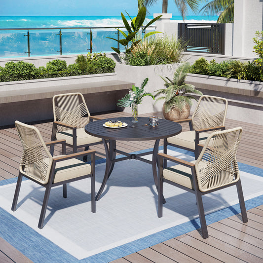 Captiva Designs 5pc Patio Dining Steel Set with Slat-top Round Table &  Beige Rattan Chairs with Thick Cushions