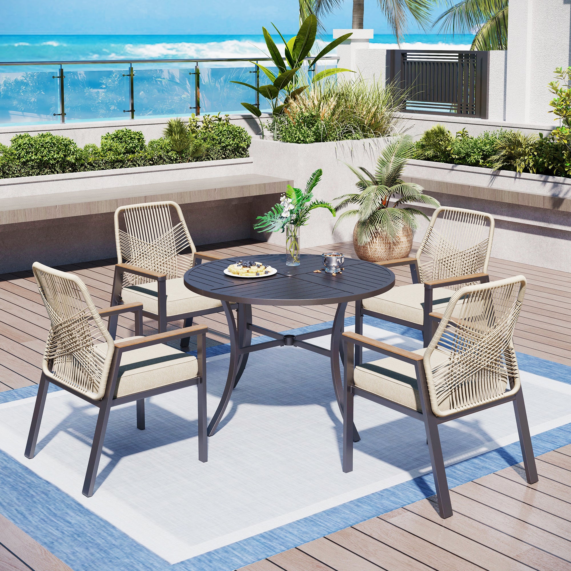 Captiva Designs 5pc Patio Slat-top Round Steel Dining Table & Beige Ra ...