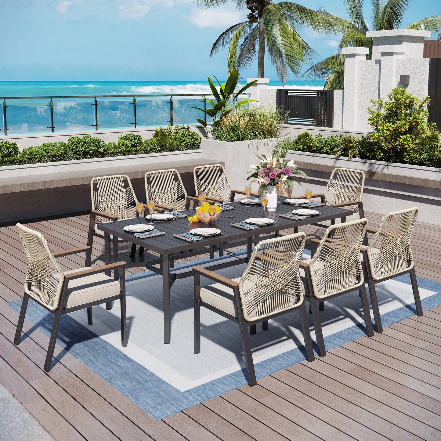 Captiva Designs 9pc Outdoor Dining Spacious Black Rectangle Metal Table & Beige Rattan Chairs