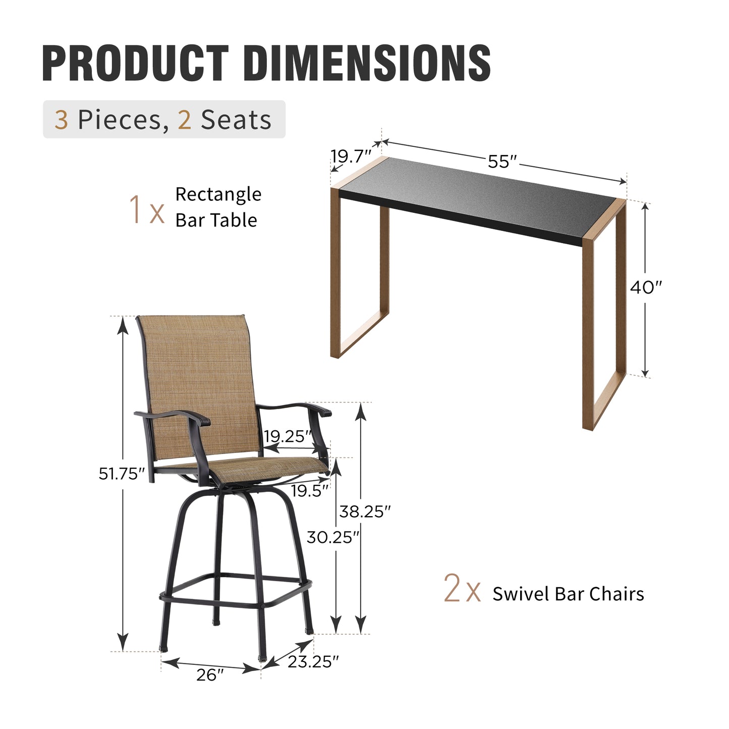 Captiva Designs 3pc Outdoor Dining Rectangle Metal Black Bar Table with U-shaped Legs & Sling Swivel Bar Stools