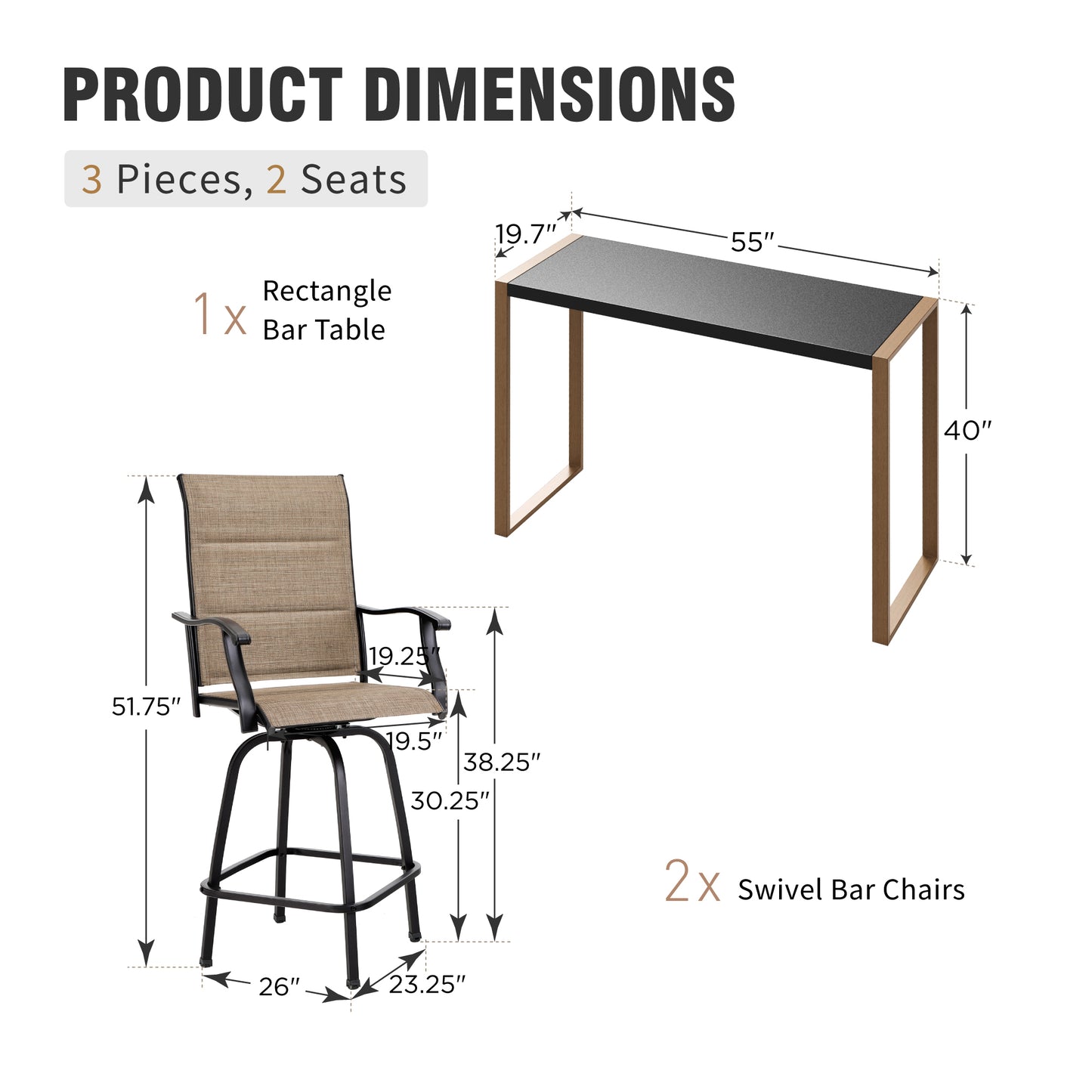 Captiva Designs 3pc Outdoor Dining Rectangle Metal Black Bar Table with U-shaped Legs & Sling Swivel Bar Stools