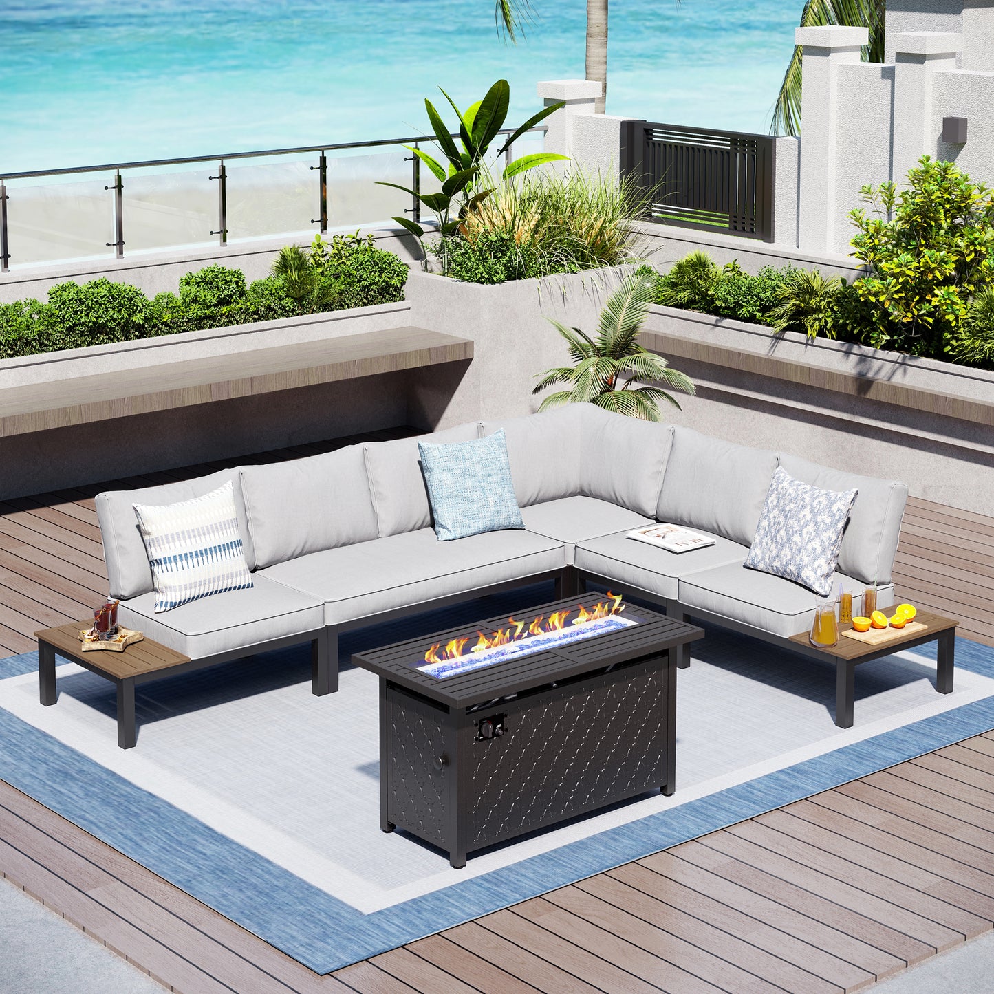Captiva Designs Outdoor Off-white Conversation Set with Sectional Sofa & Coffee Table & Removable Cushion