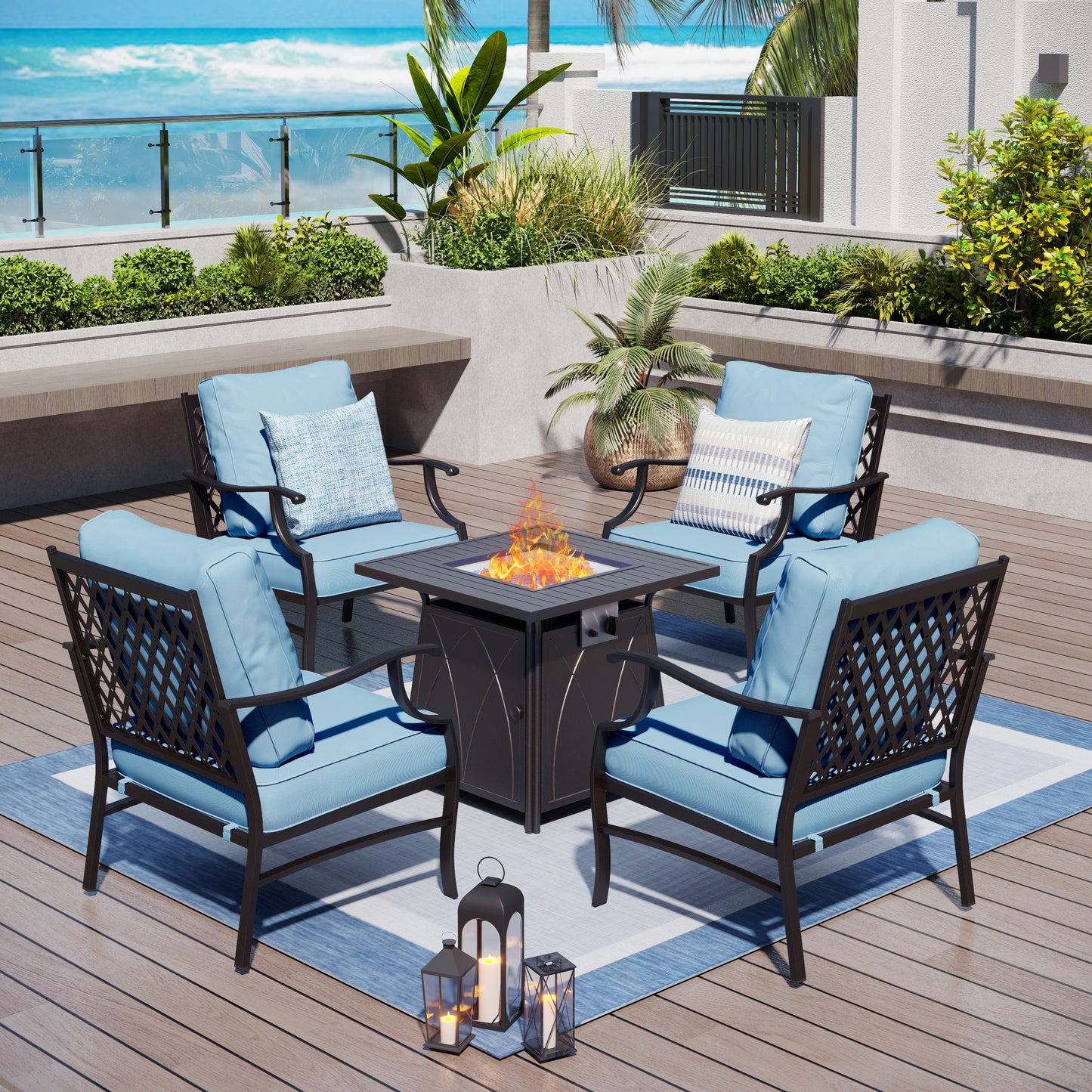 Captiva Designs 5pc Metal Patio Outdoor Conversation Fire Pit Set with Grid-back Armchairs for Garden, Poolside, Backyard