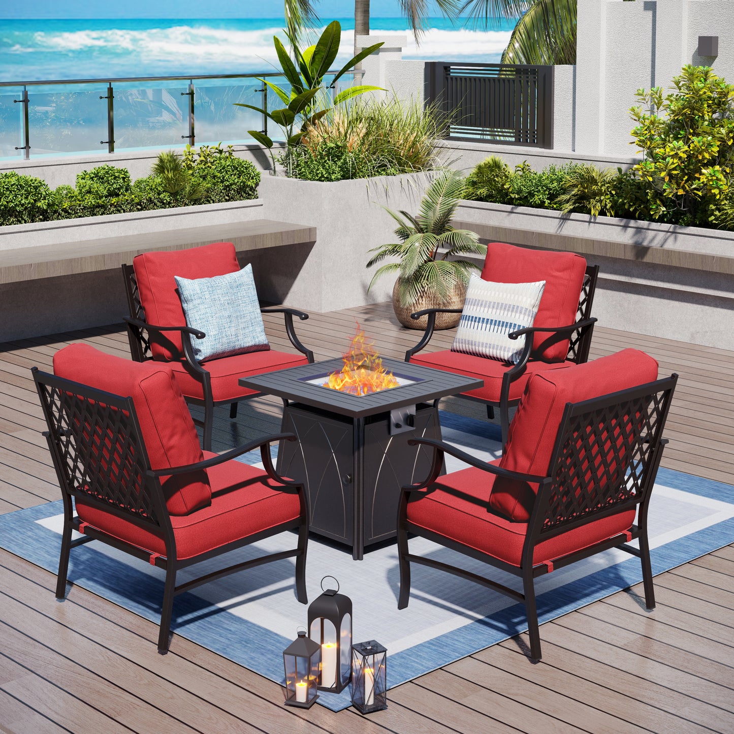 Captiva Designs 5pc Metal Patio Outdoor Conversation Fire Pit Set with Grid-back Armchairs for Garden, Poolside, Backyard