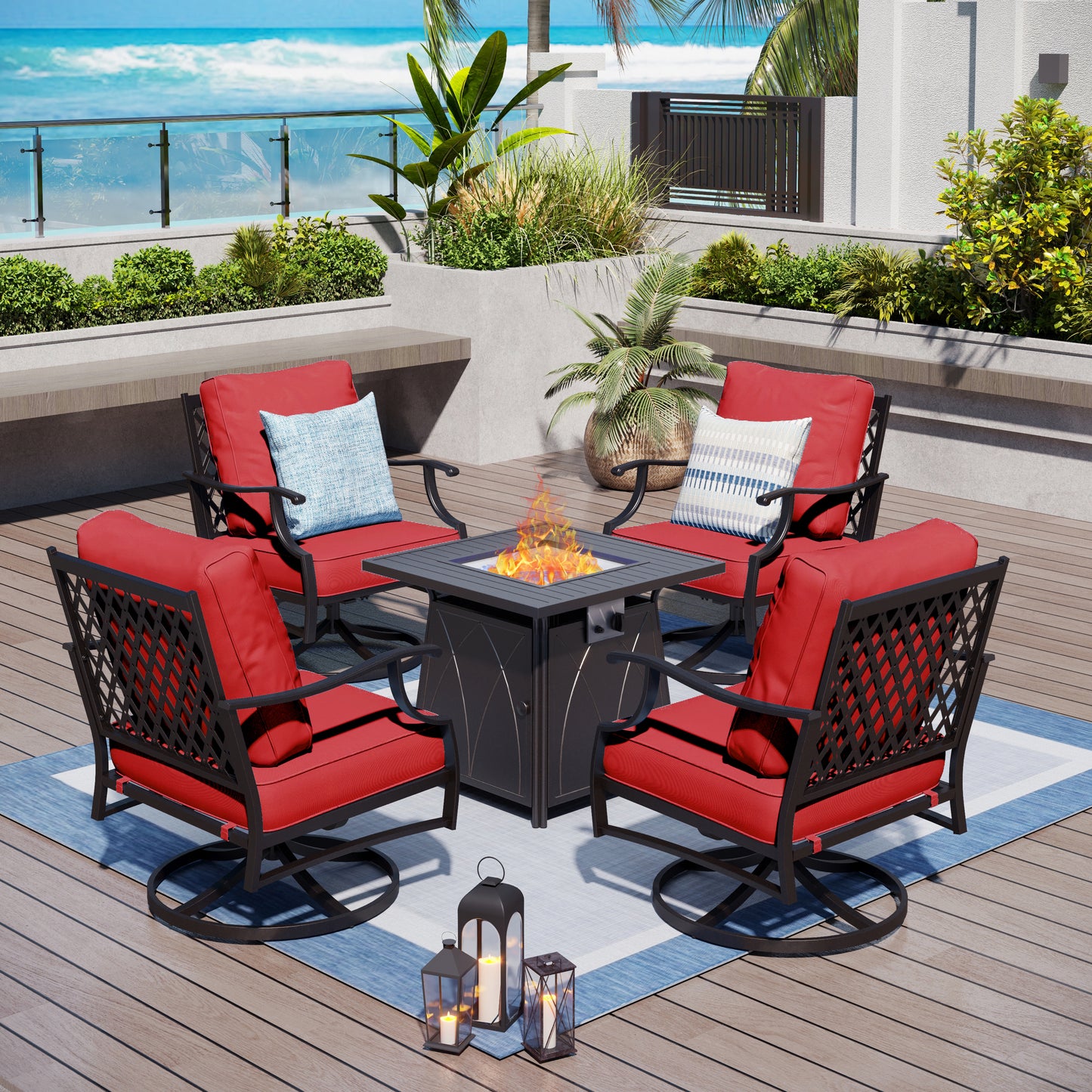 Captiva Designs 5pc Metal Patio Outdoor Conversation Fire Pit Set with Swivel Grid-back Armchairs for Garden, Poolside, Backyard