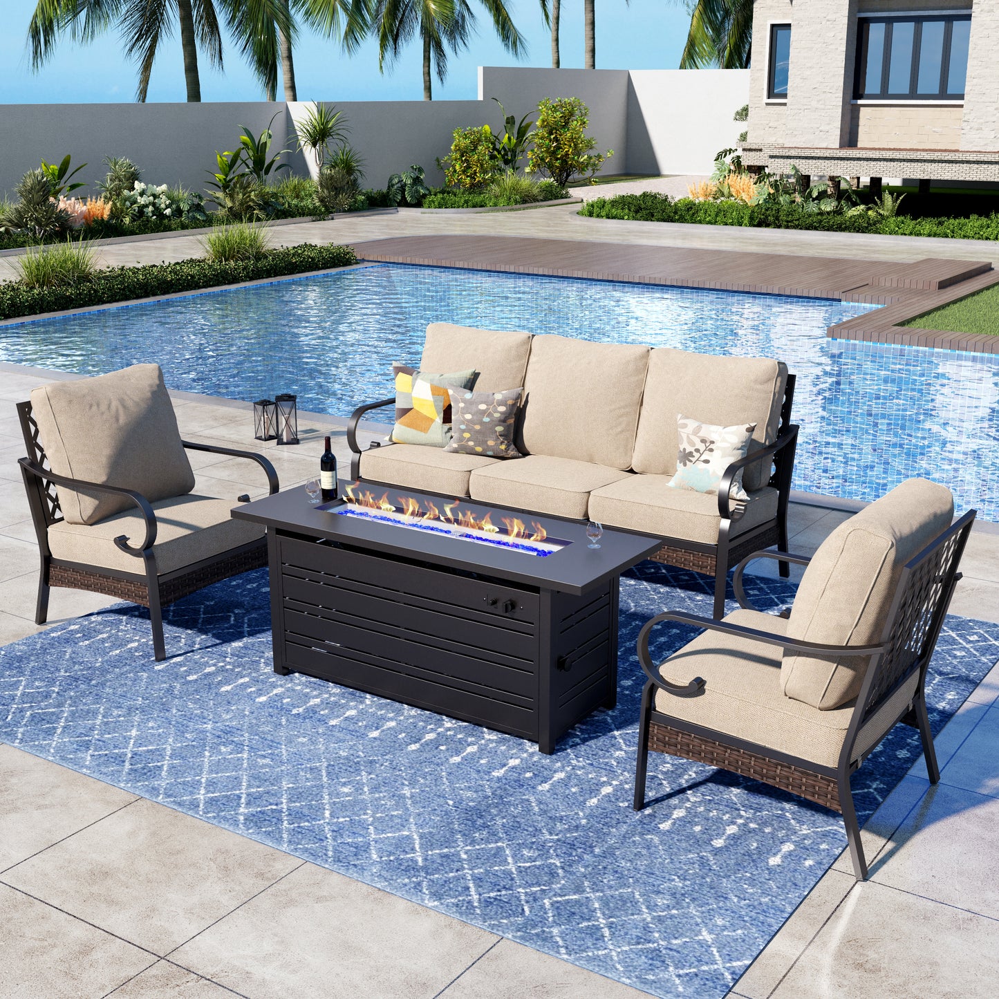 Captiva Designs 4 Piece All Weather Wicker Metal Patio Outdoor Furniture Conversation Fire pit Set for Backyard, Garden, Deck