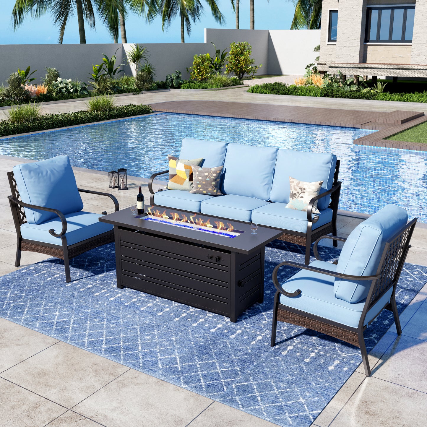 Captiva Designs 4 Piece All Weather Wicker Metal Patio Outdoor Furniture Conversation Fire pit Set for Backyard, Garden, Deck