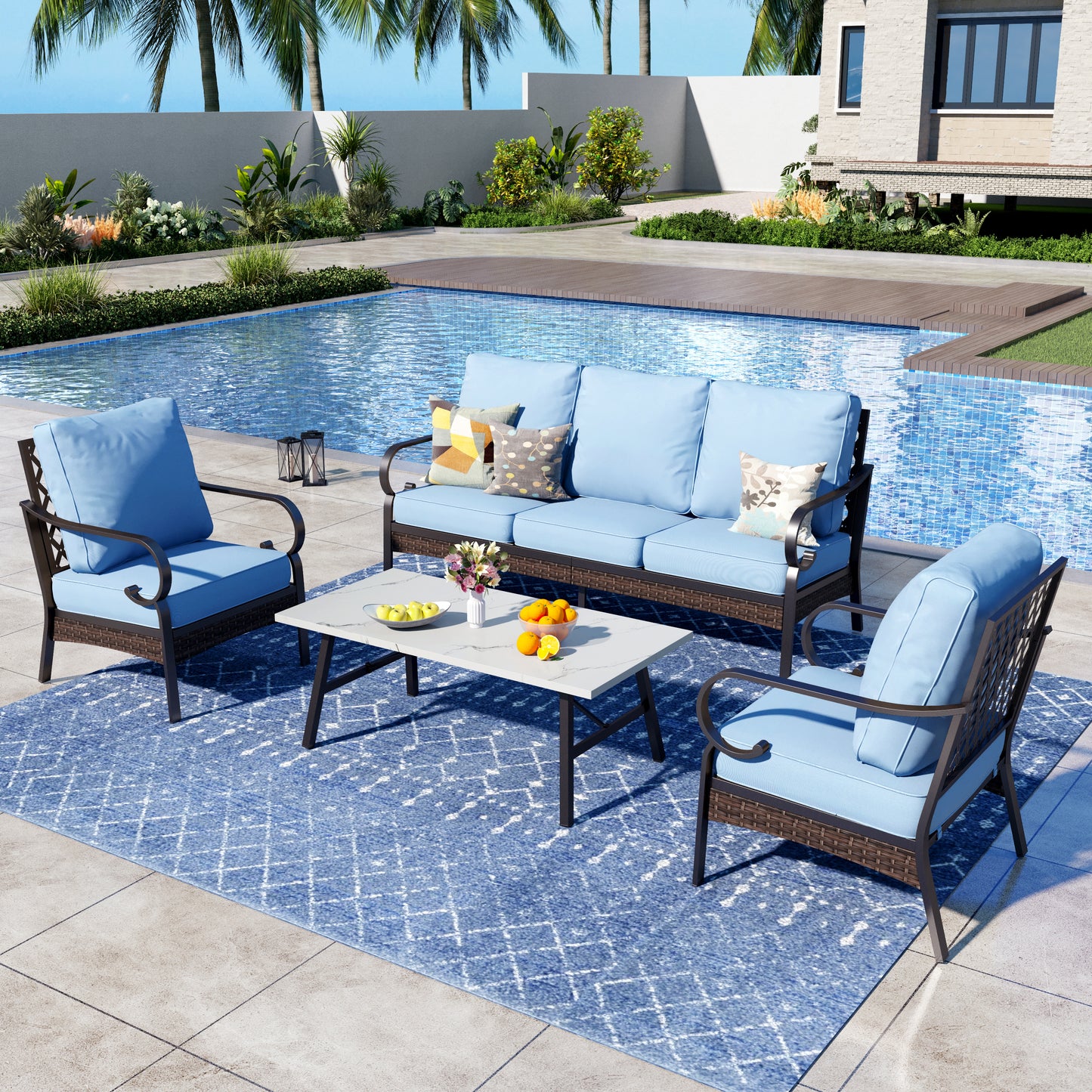 Captiva Designs 4 Piece All Weather Wicker Metal Patio Outdoor Furniture Conversation Set for Backyard, Garden, Deck