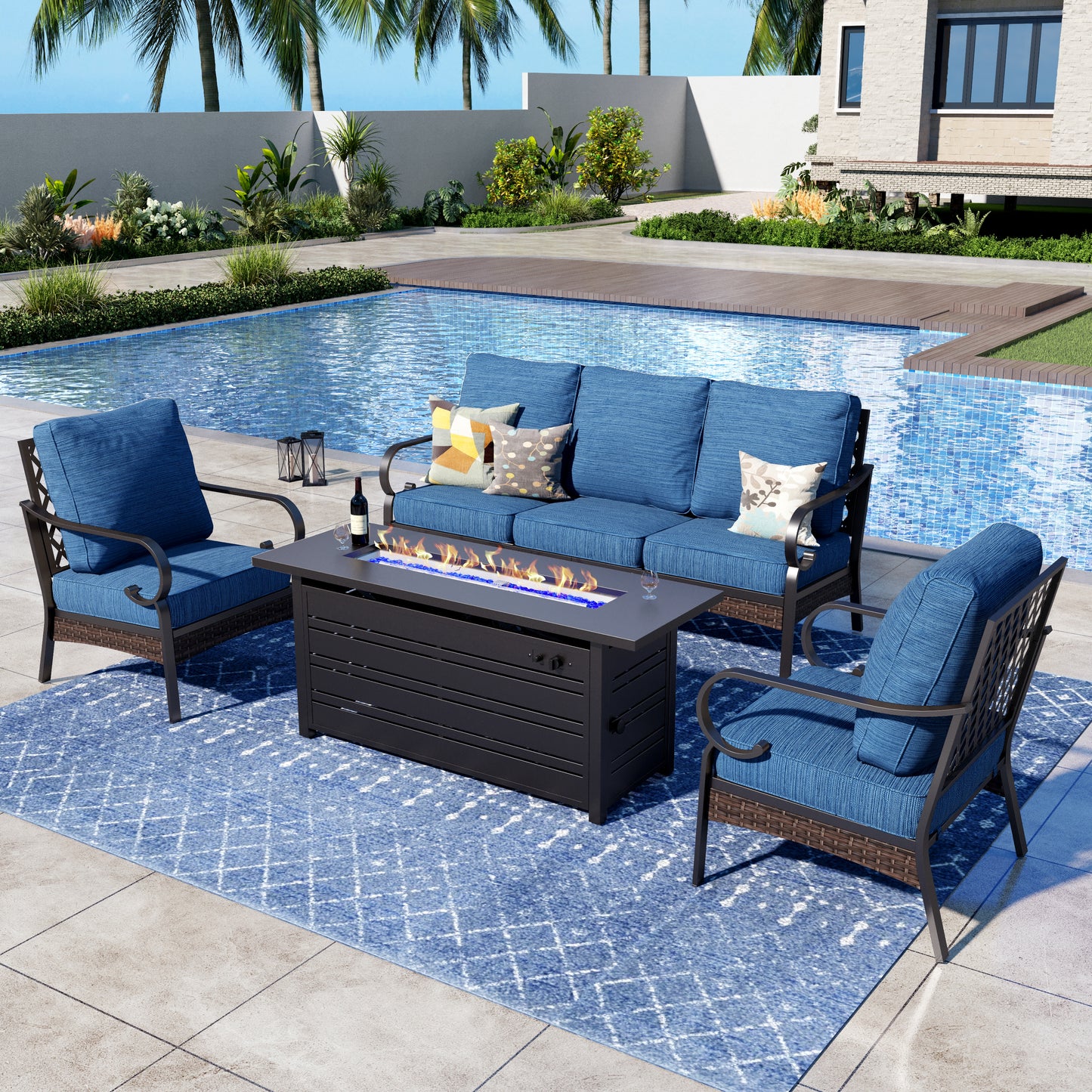 Captiva Designs 4 Piece All Weather Wicker Metal Patio Outdoor Furniture Conversation Fire pit Set for Backyard, Garden, Deck
