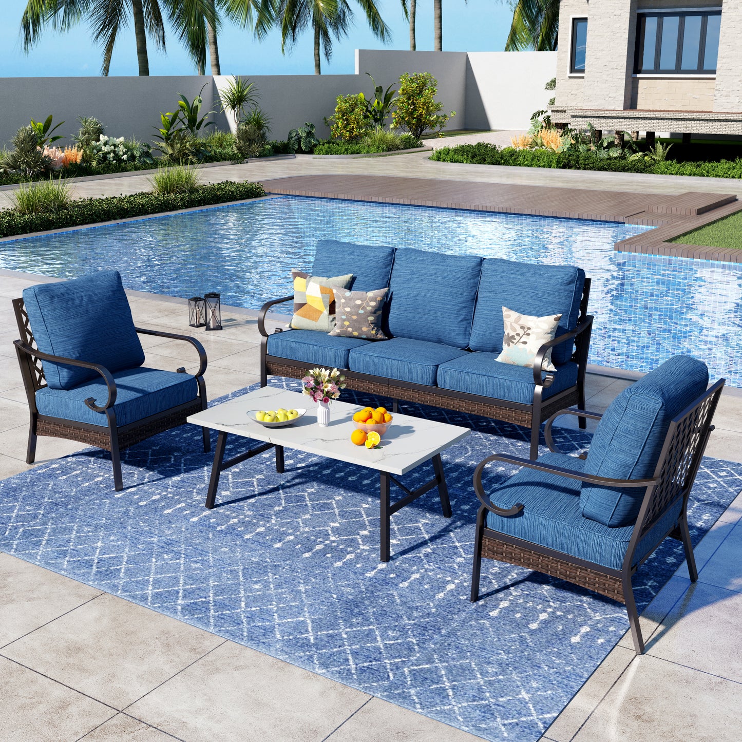Captiva Designs 4 Piece All Weather Wicker Metal Patio Outdoor Furniture Conversation Set for Backyard, Garden, Deck