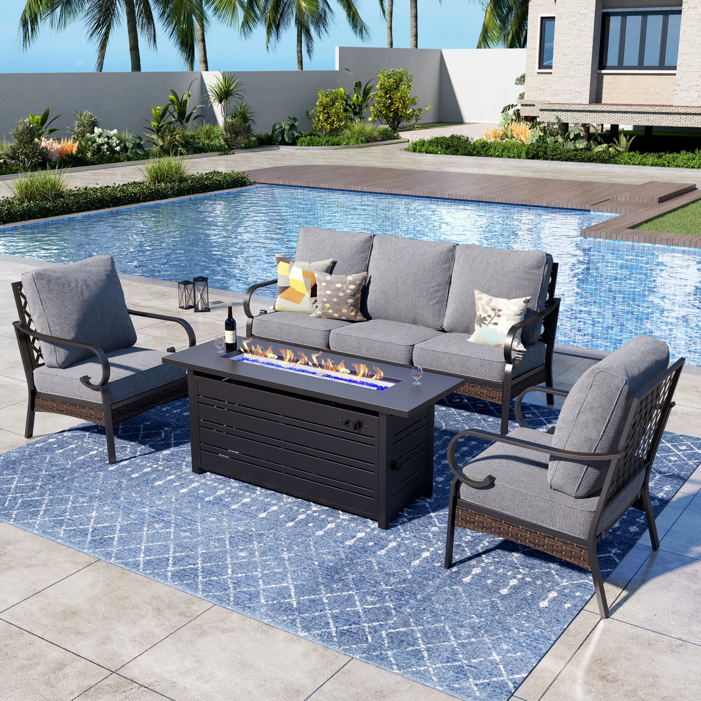 Captiva Designs 4 Piece All Weather Wicker Metal Patio Outdoor Furniture Conversation Fire pit Set for Backyard, Garden, Deck