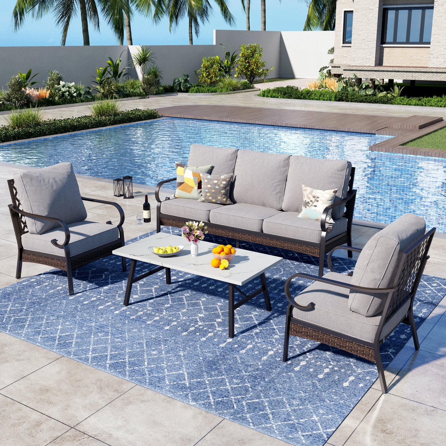 Captiva Designs 4 Piece All Weather Wicker Metal Patio Outdoor Furniture Conversation Set for Backyard, Garden, Deck