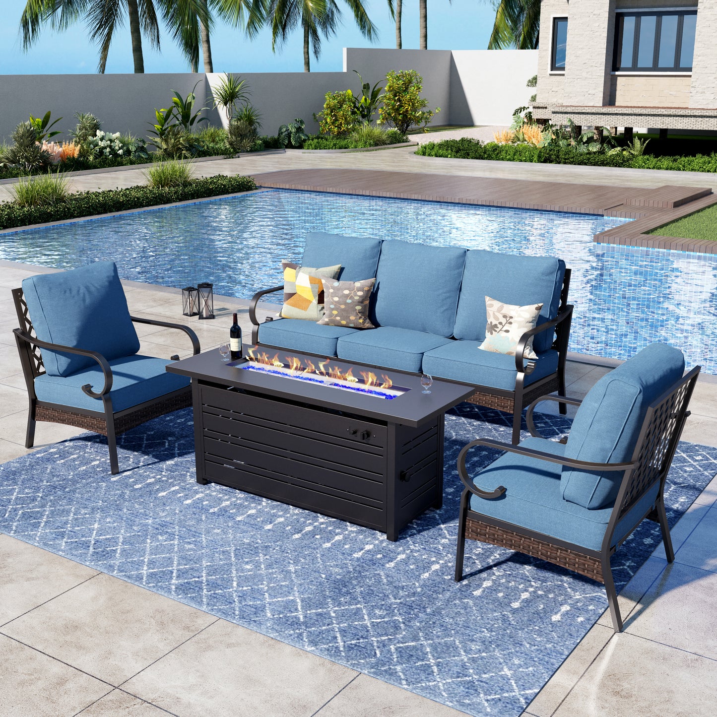 Captiva Designs 4 Piece All Weather Wicker Metal Patio Outdoor Furniture Conversation Fire pit Set for Backyard, Garden, Deck