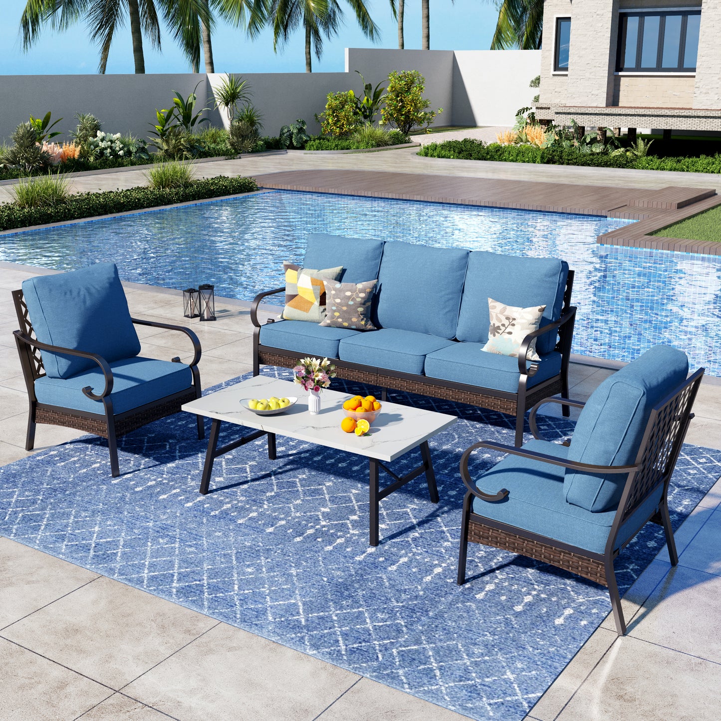 Captiva Designs 4 Piece All Weather Wicker Metal Patio Outdoor Furniture Conversation Set for Backyard, Garden, Deck