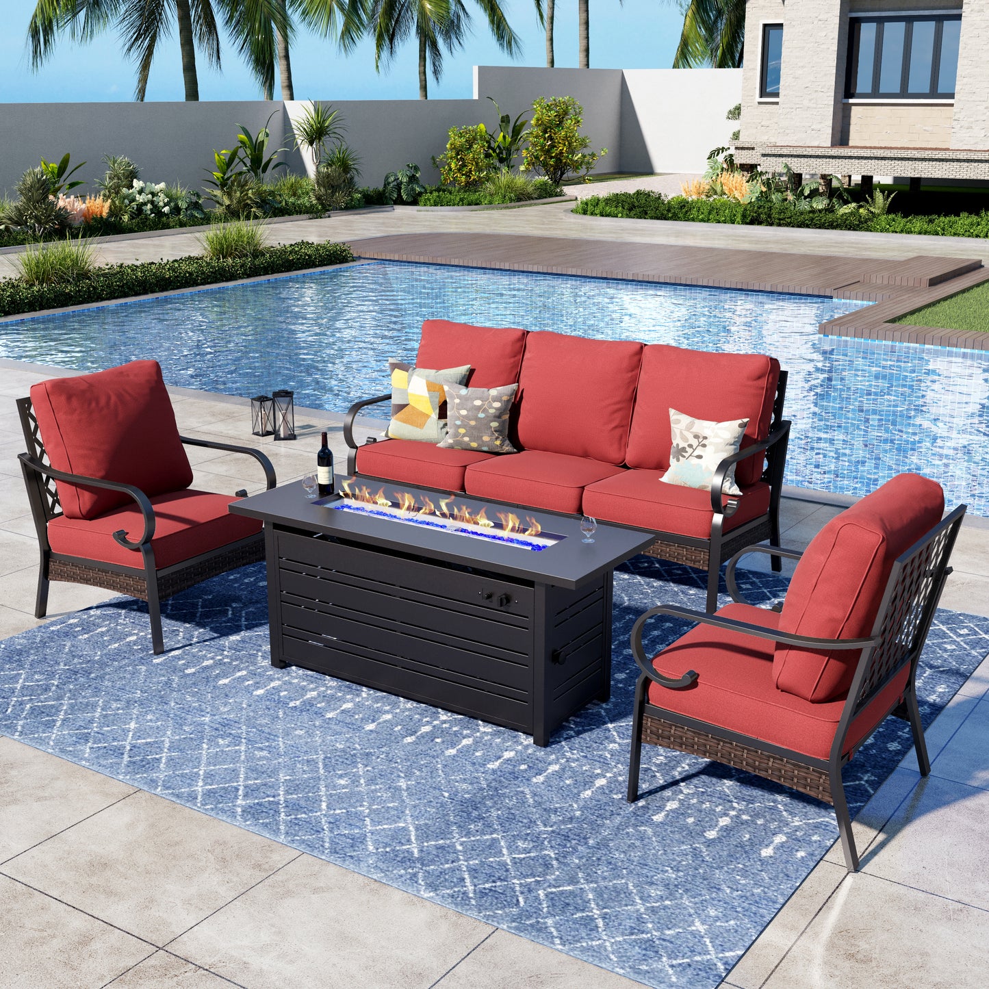 Captiva Designs 4 Piece All Weather Wicker Metal Patio Outdoor Furniture Conversation Fire pit Set for Backyard, Garden, Deck