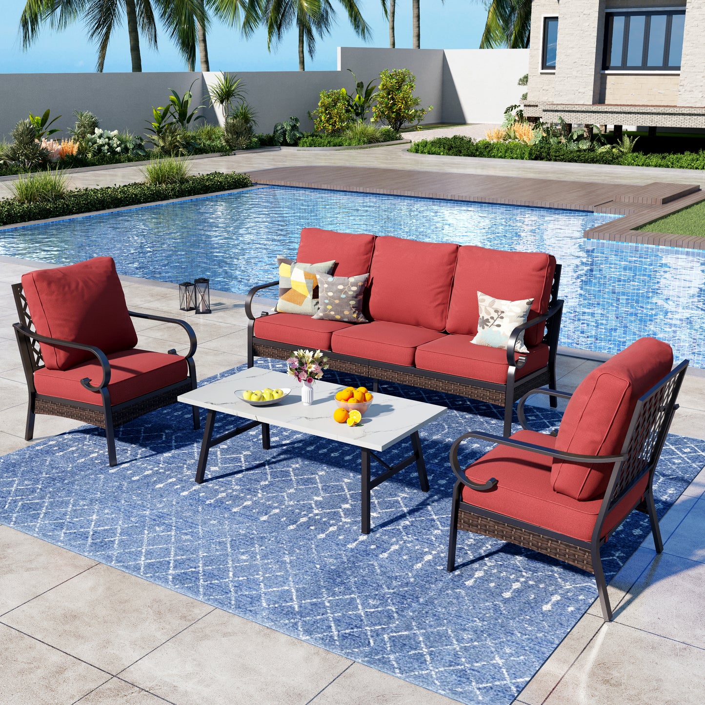 Captiva Designs 4 Piece All Weather Wicker Metal Patio Outdoor Furniture Conversation Set for Backyard, Garden, Deck