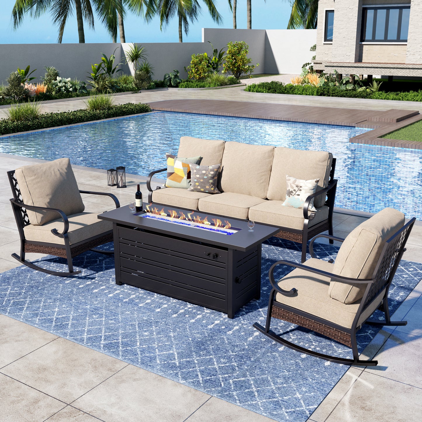Captiva Designs 4 Piece All Weather Wicker Metal Patio Outdoor Furniture Conversation Fire pit Set for Backyard, Garden, Deck