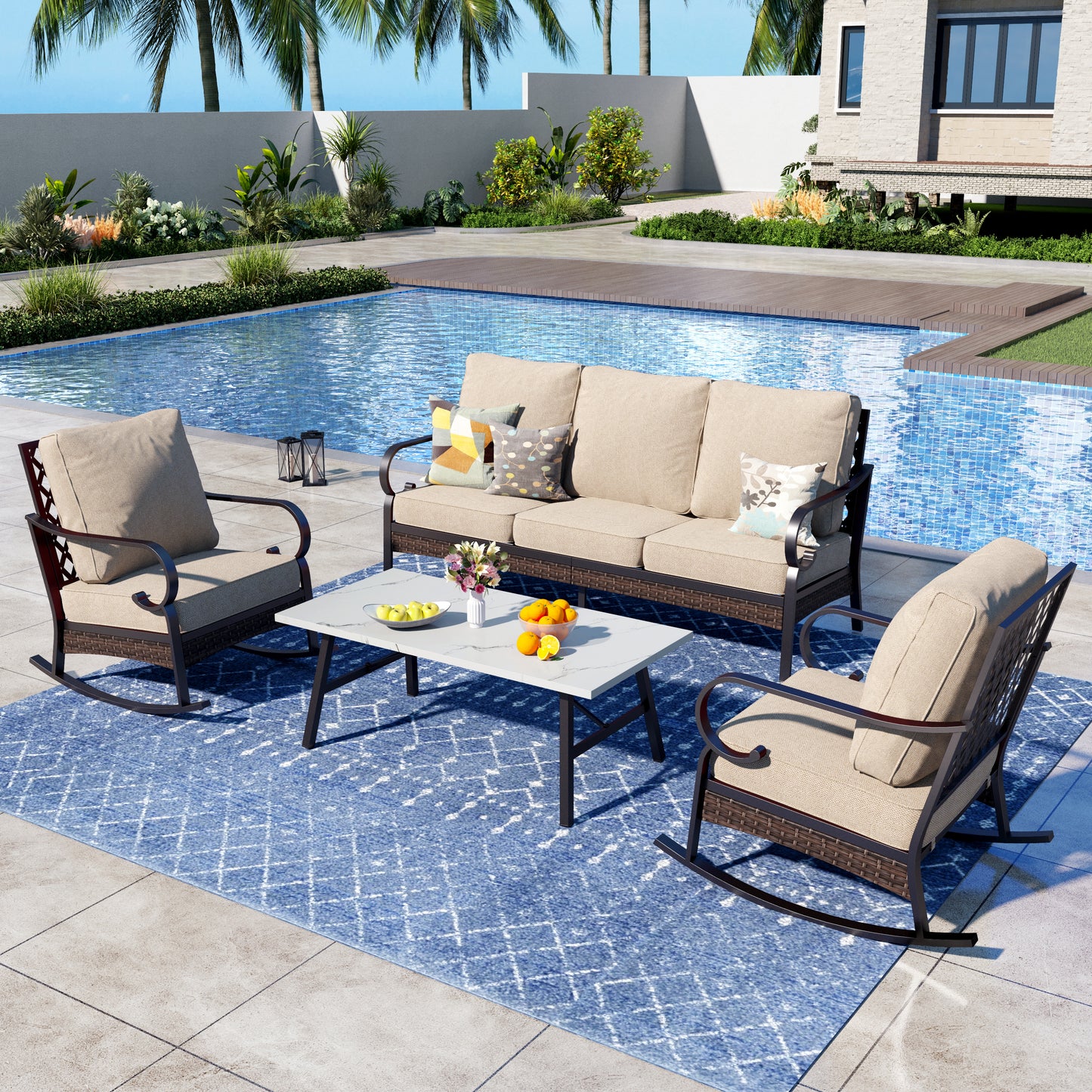 Captiva Designs 4 Piece All Weather Wicker Metal Patio Outdoor Furniture Conversation Set for Backyard, Garden, Deck