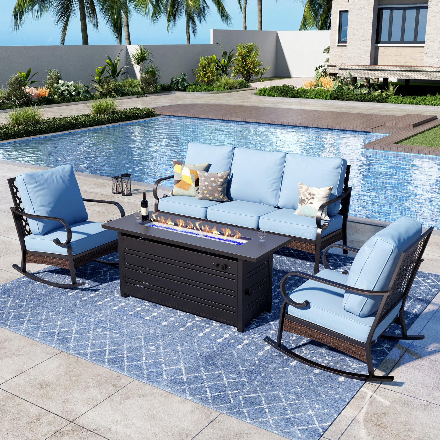 Captiva Designs 4 Piece All Weather Wicker Metal Patio Outdoor Furniture Conversation Fire pit Set for Backyard, Garden, Deck