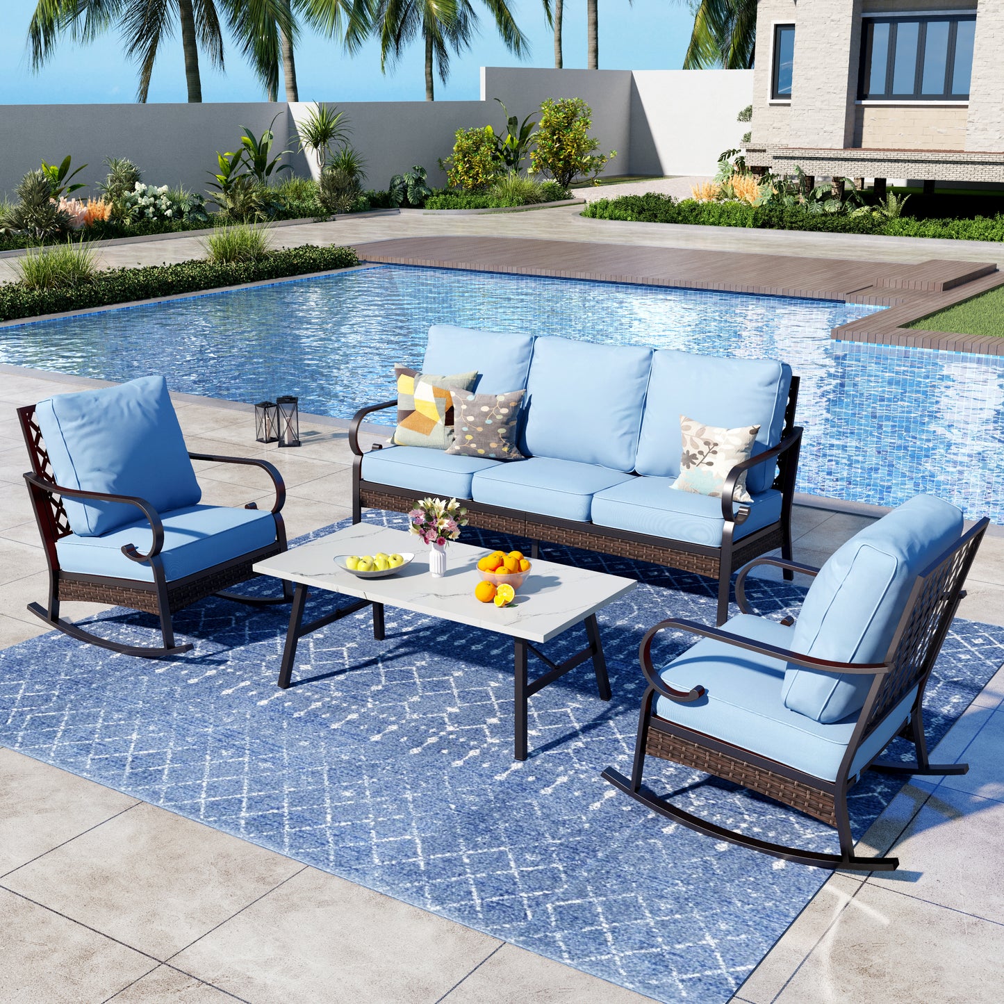 Captiva Designs 4 Piece All Weather Wicker Metal Patio Outdoor Furniture Conversation Set for Backyard, Garden, Deck