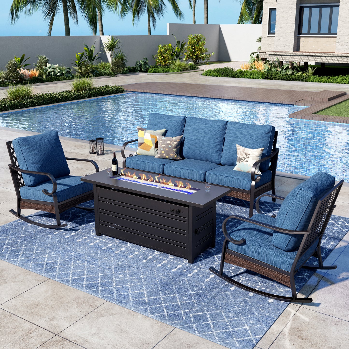 Captiva Designs 4 Piece All Weather Wicker Metal Patio Outdoor Furniture Conversation Fire pit Set for Backyard, Garden, Deck