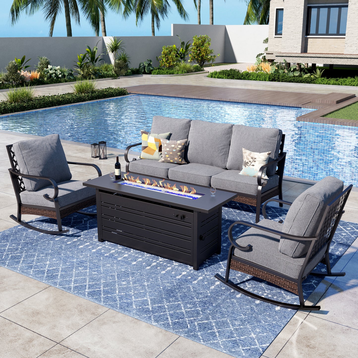 Captiva Designs 4 Piece All Weather Wicker Metal Patio Outdoor Furniture Conversation Fire pit Set for Backyard, Garden, Deck
