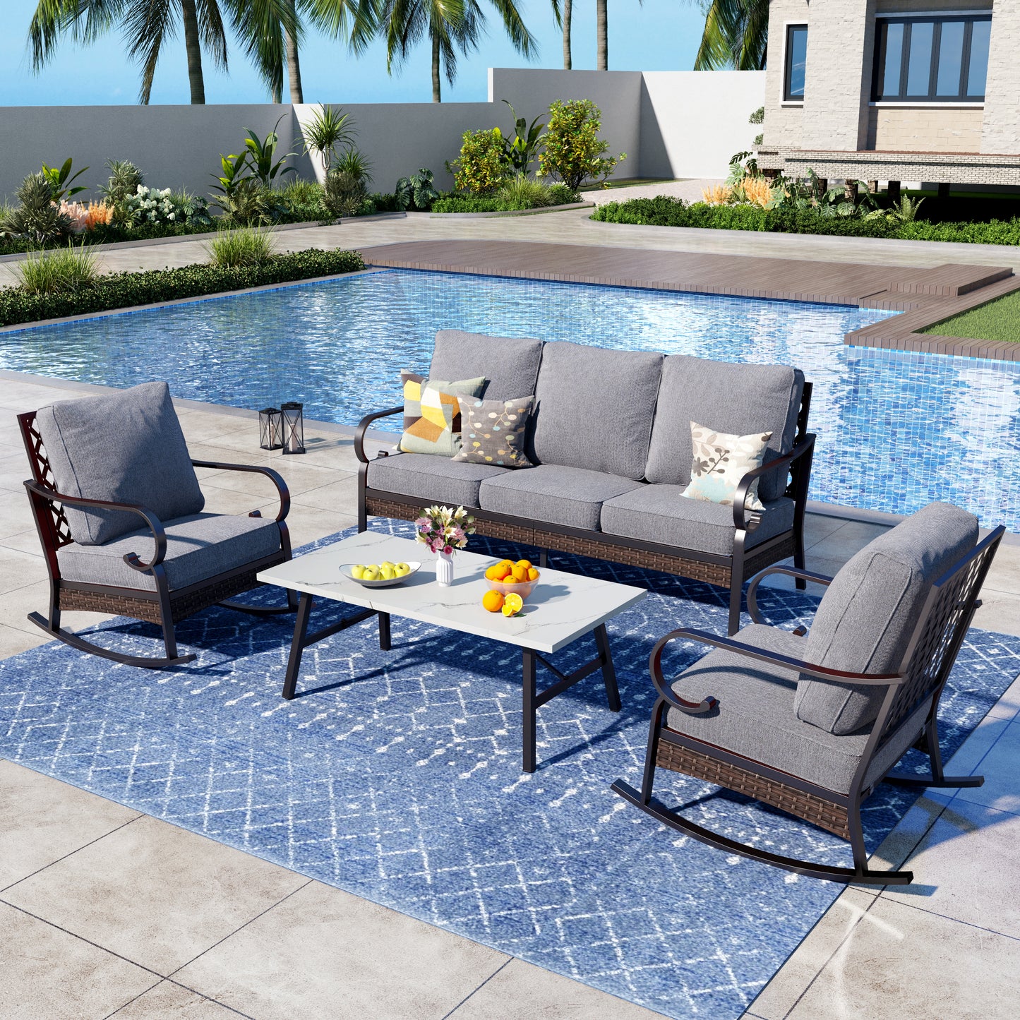 Captiva Designs 4 Piece All Weather Wicker Metal Patio Outdoor Furniture Conversation Set for Backyard, Garden, Deck