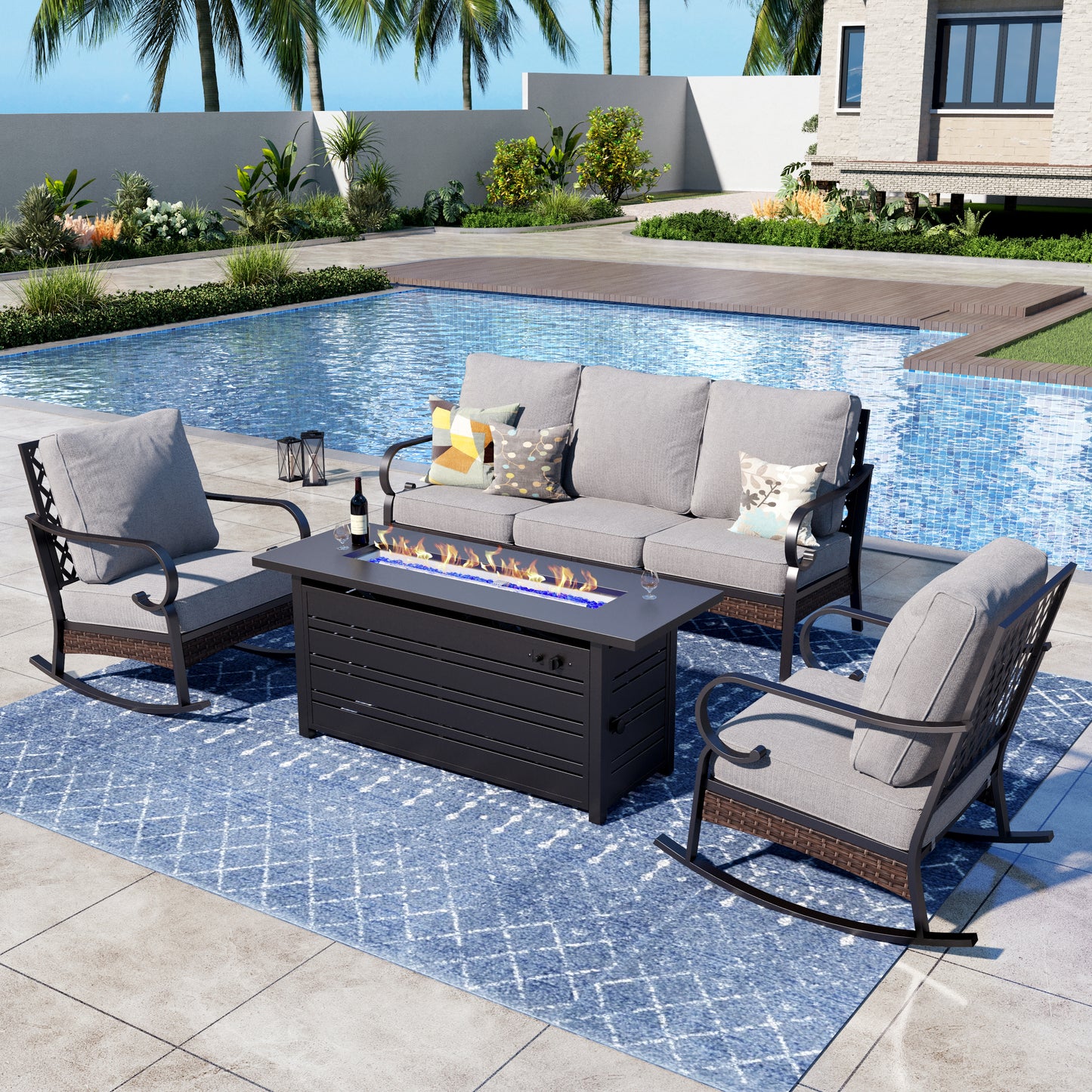Captiva Designs 4 Piece All Weather Wicker Metal Patio Outdoor Furniture Conversation Fire pit Set for Backyard, Garden, Deck