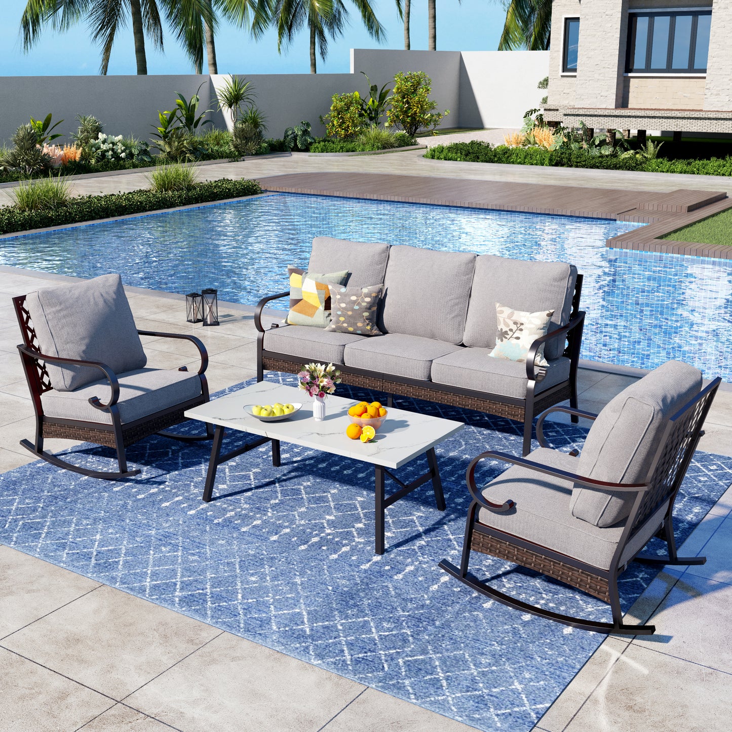 Captiva Designs 4 Piece All Weather Wicker Metal Patio Outdoor Furniture Conversation Set for Backyard, Garden, Deck