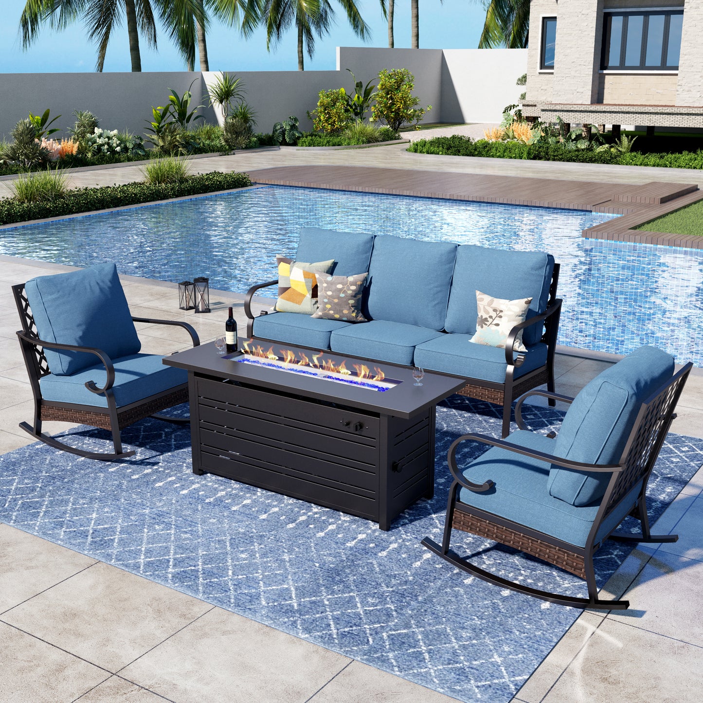 Captiva Designs 4 Piece All Weather Wicker Metal Patio Outdoor Furniture Conversation Fire pit Set for Backyard, Garden, Deck