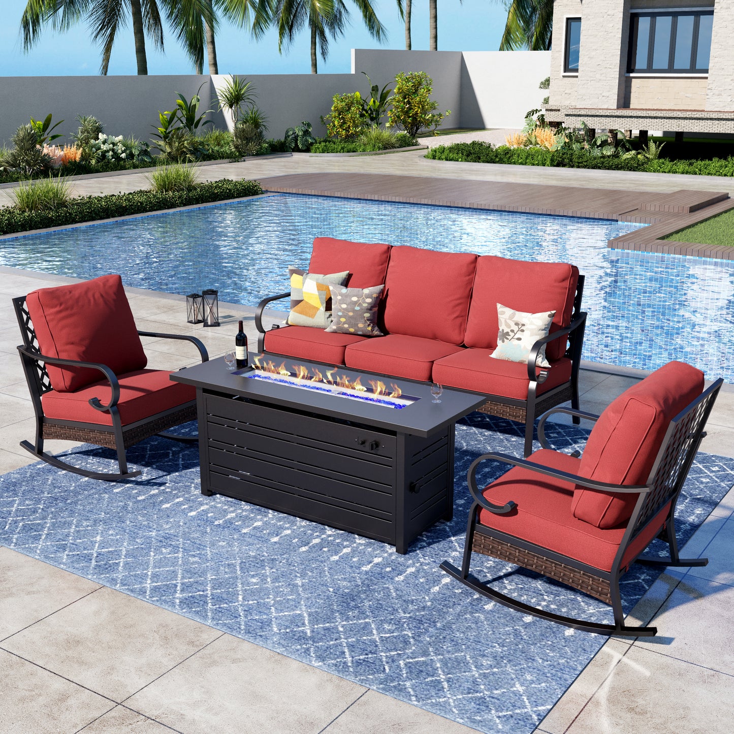 Captiva Designs 4 Piece All Weather Wicker Metal Patio Outdoor Furniture Conversation Fire pit Set for Backyard, Garden, Deck