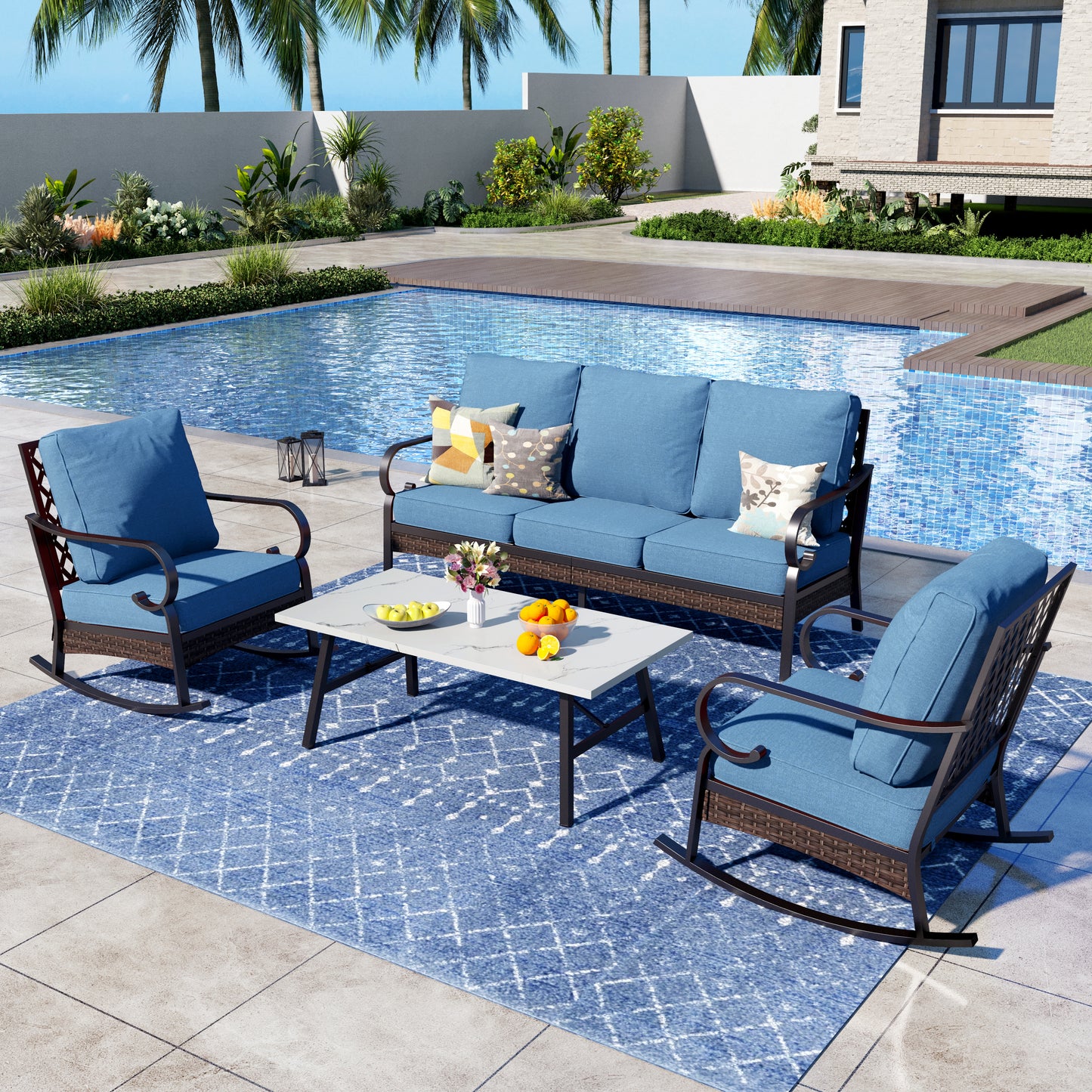 Captiva Designs 4 Piece All Weather Wicker Metal Patio Outdoor Furniture Conversation Set for Backyard, Garden, Deck