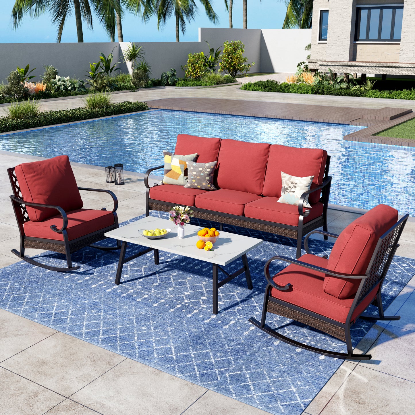 Captiva Designs 4 Piece All Weather Wicker Metal Patio Outdoor Furniture Conversation Set for Backyard, Garden, Deck