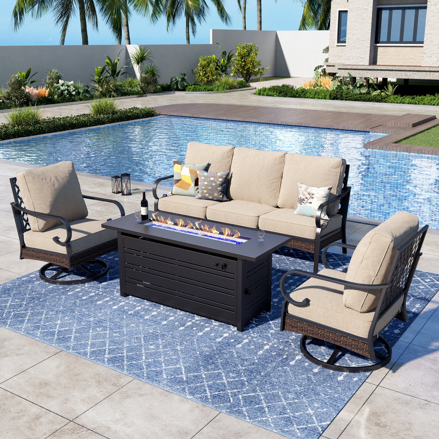 Captiva Designs 4 Piece All Weather Wicker Metal Patio Outdoor Furniture Conversation Fire pit Set for Backyard, Garden, Deck