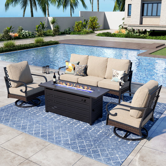 Captiva Designs 4-Piece Wicker Metal Patio Outdoor Furniture Conversation Fire pit Set for Backyard, Garden, Deck