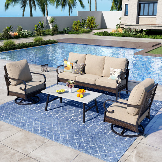 Captiva Designs 4 Piece All Weather Wicker Metal Patio Outdoor Furniture Conversation Set for Backyard, Garden, Deck
