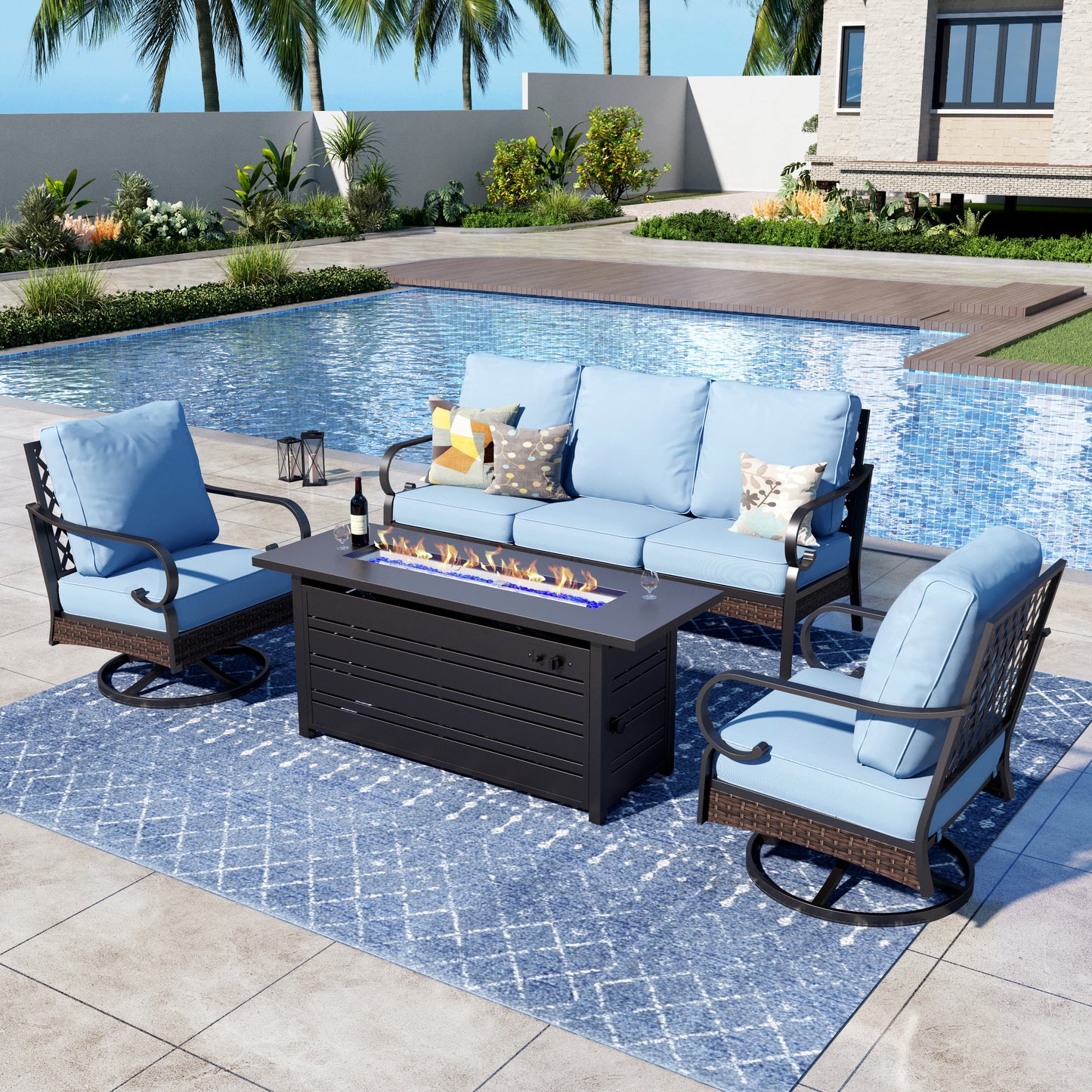 Captiva Designs 4 Piece All Weather Wicker Metal Patio Outdoor Furniture Conversation Fire pit Set for Backyard, Garden, Deck