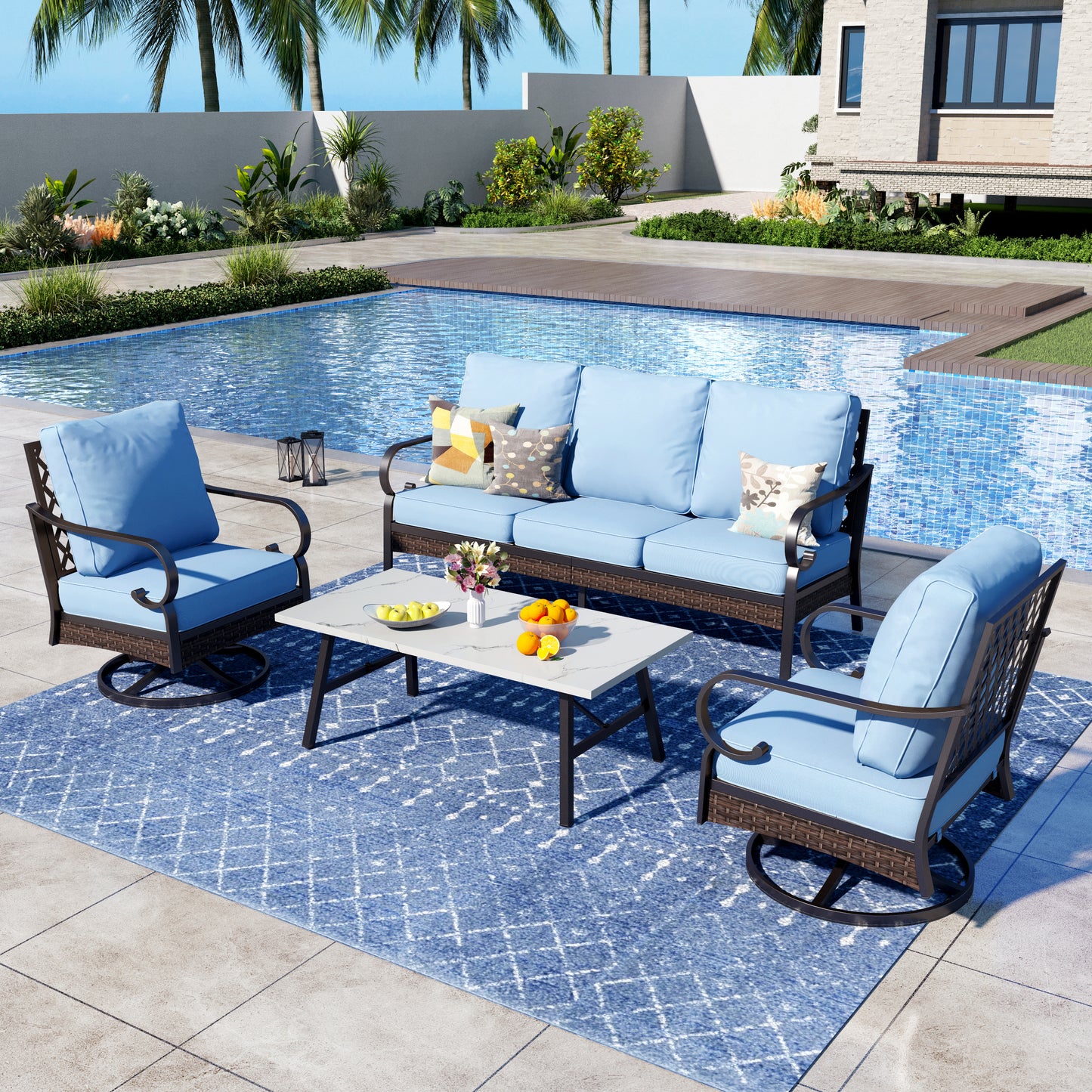 Captiva Designs 4 Piece All Weather Wicker Metal Patio Outdoor Furniture Conversation Set for Backyard, Garden, Deck