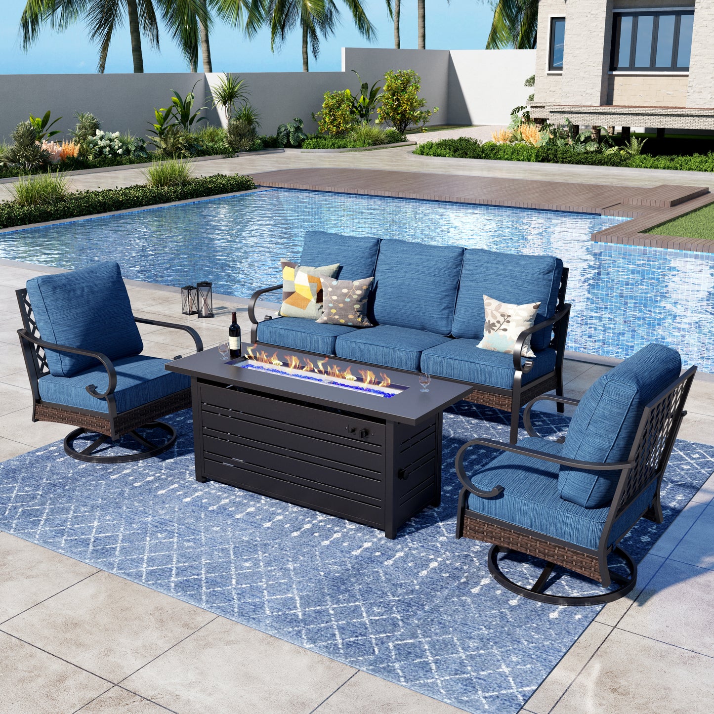 Captiva Designs 4 Piece All Weather Wicker Metal Patio Outdoor Furniture Conversation Fire pit Set for Backyard, Garden, Deck