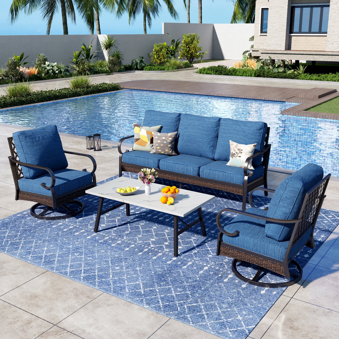 Captiva Designs 4 Piece All Weather Wicker Metal Patio Outdoor Furniture Conversation Set for Backyard, Garden, Deck