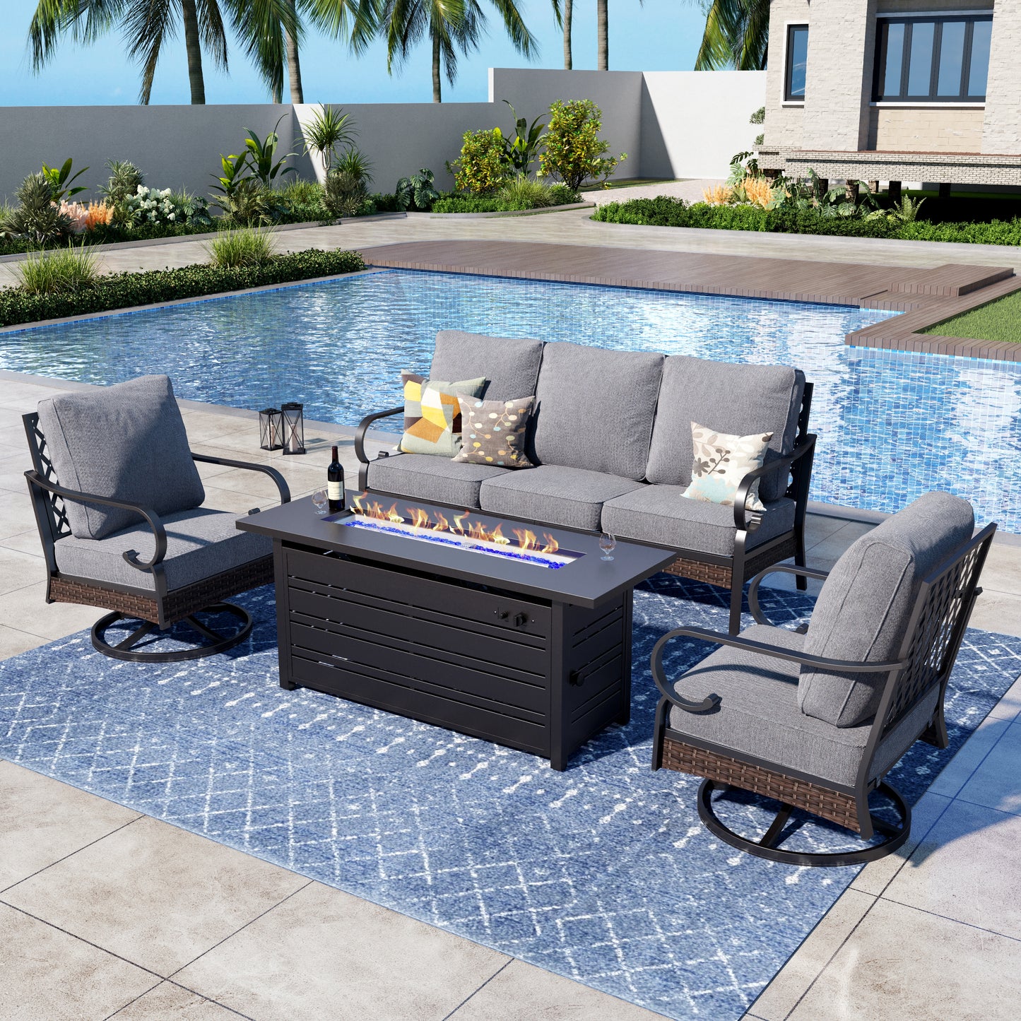 Captiva Designs 4 Piece All Weather Wicker Metal Patio Outdoor Furniture Conversation Fire pit Set for Backyard, Garden, Deck
