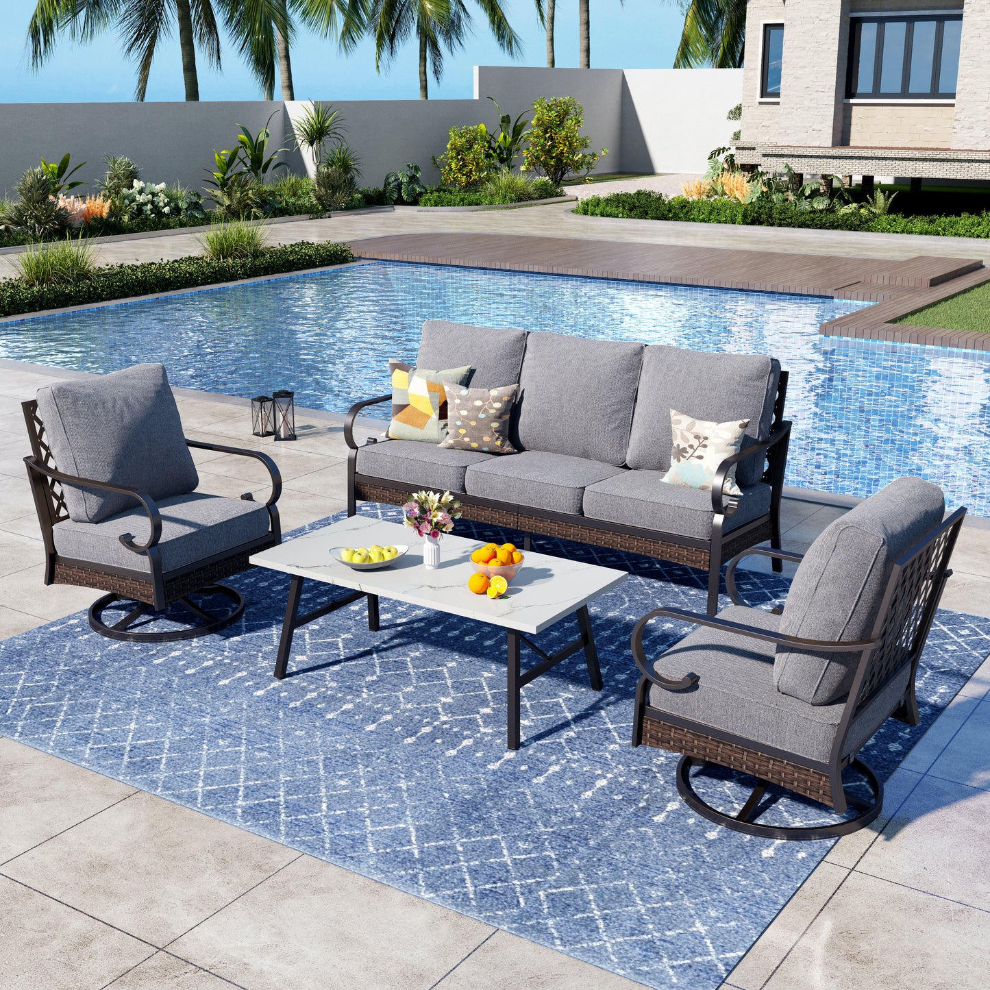 Captiva Designs 4 Piece All Weather Wicker Metal Patio Outdoor Furniture Conversation Set for Backyard, Garden, Deck