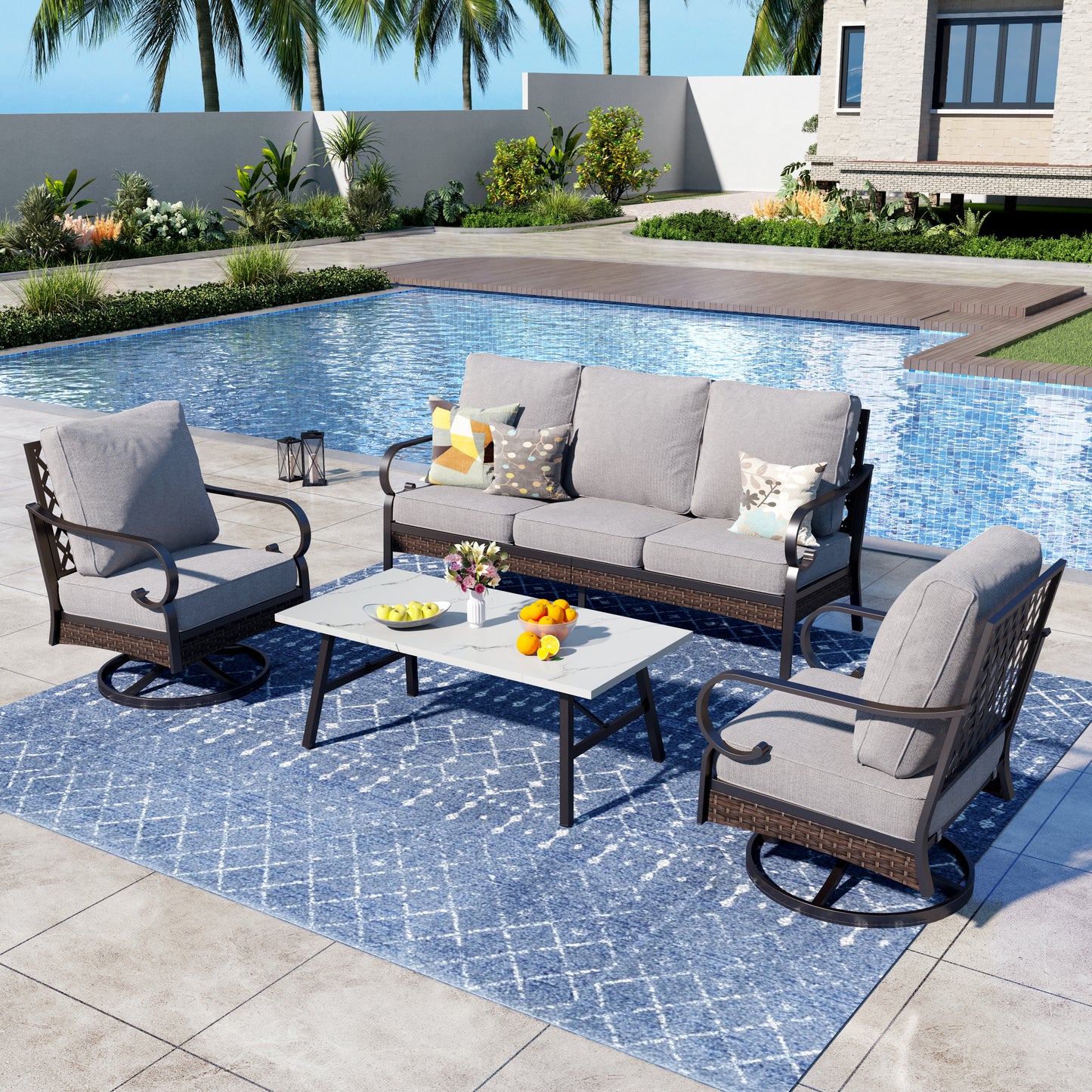 Captiva Designs 4 Piece All Weather Wicker Metal Patio Outdoor Furniture Conversation Set for Backyard, Garden, Deck