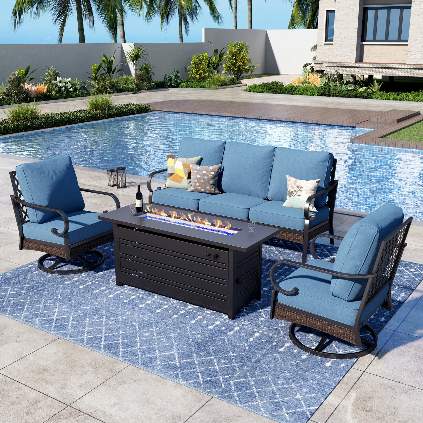 Captiva Designs 4 Piece All Weather Wicker Metal Patio Outdoor Furniture Conversation Fire pit Set for Backyard, Garden, Deck