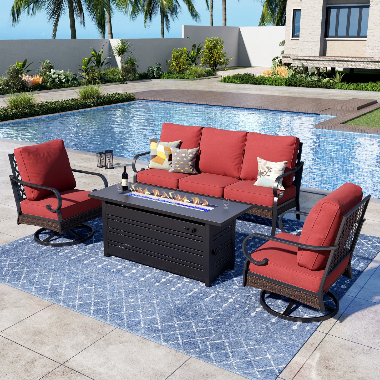 Captiva Designs 4 Piece All Weather Wicker Metal Patio Outdoor Furniture Conversation Fire pit Set for Backyard, Garden, Deck