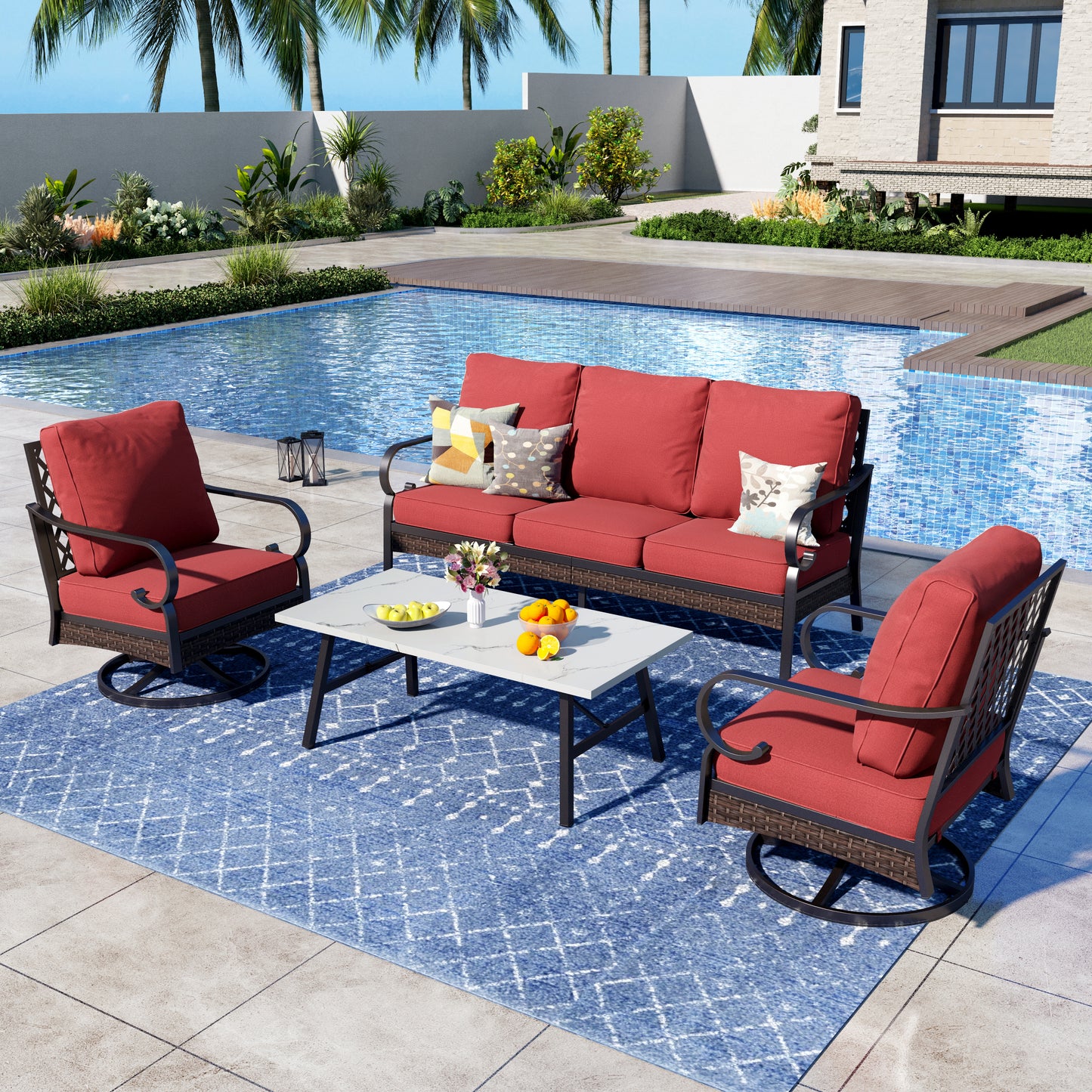 Captiva Designs 4 Piece All Weather Wicker Metal Patio Outdoor Furniture Conversation Set for Backyard, Garden, Deck