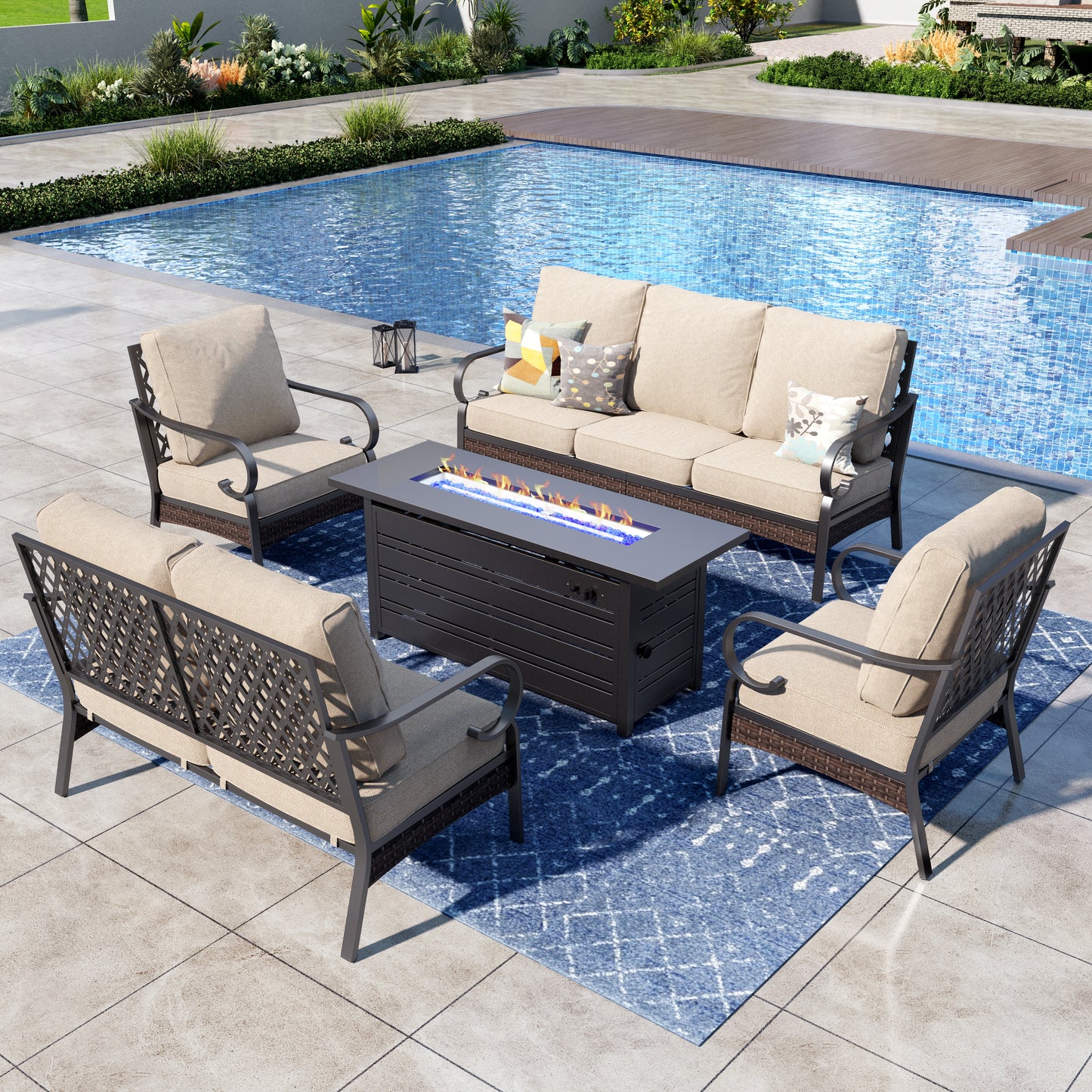 Captiva Designs 5-Piece Wicker Metal Patio Outdoor Furniture Conversation Fire pit Set for Backyard, Garden, Deck