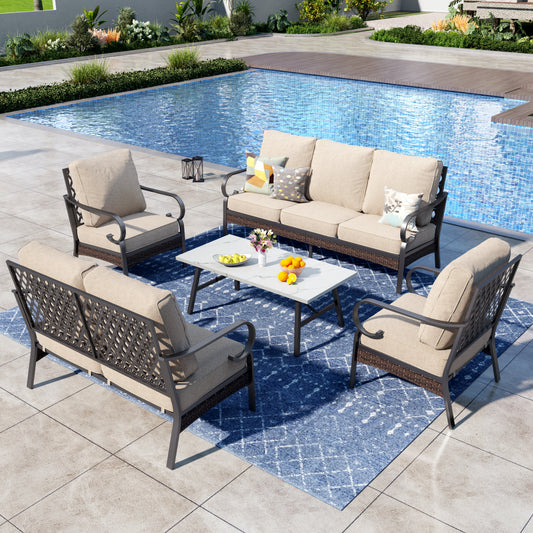 Captiva Designs 5 Piece All Weather Wicker Metal Patio Outdoor Furniture Conversation Set with Loveseat